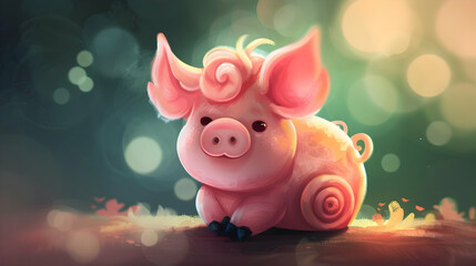 Wall Mural - a pink pig with black eyes and a pink nose sits on a wooden table, surrounded by a pink flower