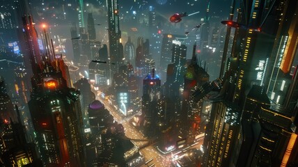 Wall Mural - A vibrant futuristic city with neon lights, towering buildings, and flying vehicles against a cosmic backdrop. AIG59