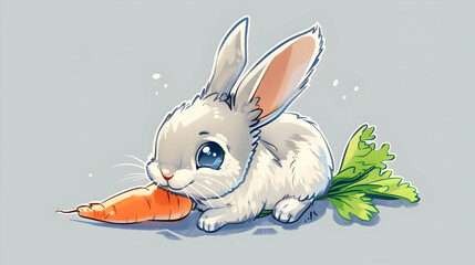 Canvas Print - a white rabbit with a pink nose and blue eye sits next to an orange carrot, while a green leaf rests on the ground in the background