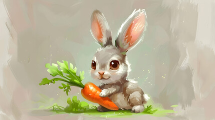 Wall Mural - a white rabbit with brown eyes and a pink nose holds an orange carrot in its mouth, while its white paw rests on the ground