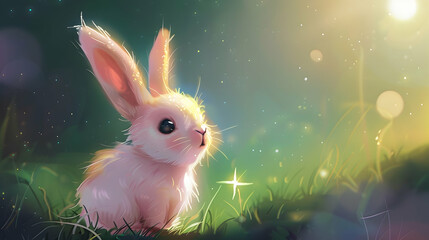 Sticker - a white rabbit with a pink nose and black eye sits in the grass, surrounded by a white flower