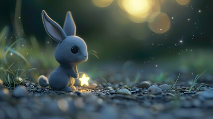 Wall Mural - a small gray rabbit with a black eye sits on the ground in front of a blurry background