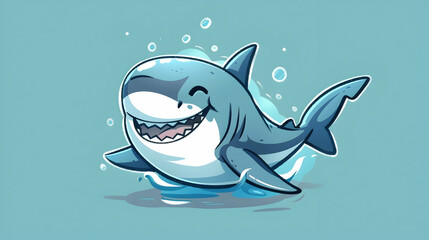 Wall Mural - a cartoon shark with an open mouth and black eye swims in the ocean