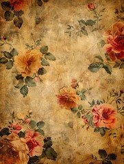 Canvas Print - Vintage floral wallpaper with roses and leaves on aged paper. Ideal for antique shops, retro cafes, or spaces in need of nostalgia and elegance. Generative AI