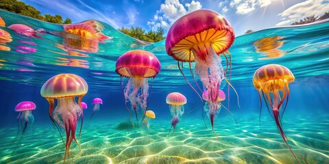 Wall Mural - Vibrant jellyfish swimming in crystal clear water, ocean, marine life, underwater, sea creature,tentacles, mesmerizing