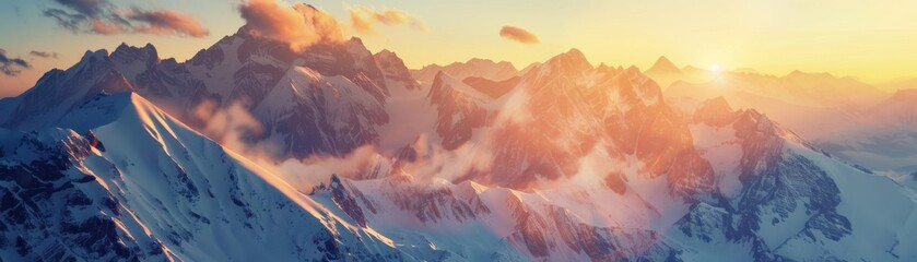 Breathtaking panoramic view of snow-capped mountains at sunrise with vibrant colors and soft sunlight creating a serene and majestic atmosphere.