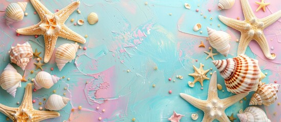 Wall Mural - Flat lay composition featuring stunning starfish and sea shells on a colorful table, viewed from above during the summer season.