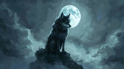 a wolf with pointy ears and a black nose sits on a rock under a full moon, with a white leg visible in the foreground