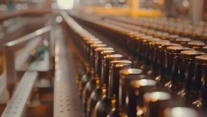 Wall Mural - beer bottles on a conveyor belt. The bottles are filled with a golden liquid and are lined up in a row. The scene is set in a factory or a production line