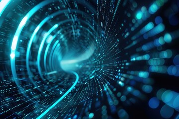 Abstract digital tunnel of glowing blue code. Concepts. data flow, cyberspace, network, technology, software, futuristic