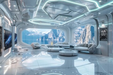 futuristic interior design of a luxury spaceship or home, featuring sleek white furniture, ambient l