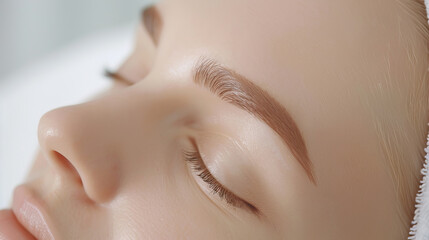 Close-up of a serene woman with well-groomed eyebrows and smooth skin, capturing a moment of tranquility and beauty.