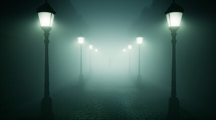 Eerie foggy street with illuminated vintage street lamps at night, creating a mysterious and atmospheric urban scene.