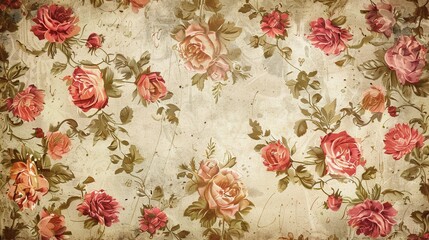 Canvas Print - A close-up image of vintage floral wallpaper featuring delicate pink roses and green foliage on a light beige background. Generative AI