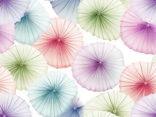 Thai umbrellas and fans pattern, traditional crafts, watercolor style, bright pastels, isolated on white background