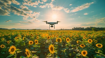 Canvas Print - Aerial Drone Capturing Sunflower Field in Full Bloom Under Sunny Sky