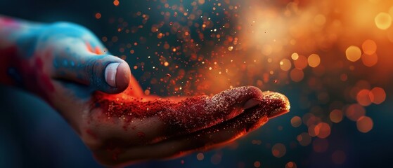 Wall Mural - Hand Covered in Colorful Powder with Bokeh Background in Vibrant Lighting