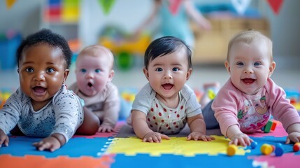 Wall Mural - A multicultural group of babies playing together in a daycare or nursery, with colorful mats and educational toys around them. 