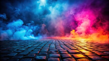 Canvas Print - Smokey landscape with blue, pink, and orange hues on a cobblestone ground , atmosphere, ethereal, dreamy, surreal, mystical