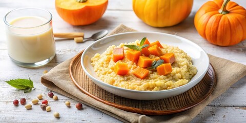 Sticker - Plate of millet porridge with pumpkin on a light table, food, breakfast, healthy, organic, delicious, autumn