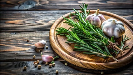 Poster - Fresh rosemary and garlic on a rustic wooden plate , herbs, spices, cooking, culinary, ingredients, seasoning