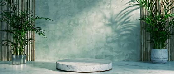  Podium background display bamboo product 3D platform cosmetic plant beauty. Podium white background display green leaf shadow marble stand presentation nature space empty scene stone fresh light. 

