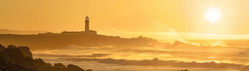 Serene sunrise over a coastal lighthouse, illuminating the misty shoreline with golden hues of morning light and the ocean waves crashing below.