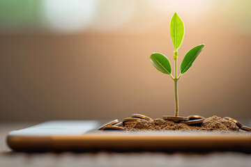 Young green plant growing from a mobile phone, symbolizing modern technology, innovation, and sustainability in a tech-driven world.