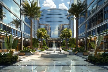 Wall Mural - People walking through a modern courtyard with a fountain, surrounded by glass office buildings