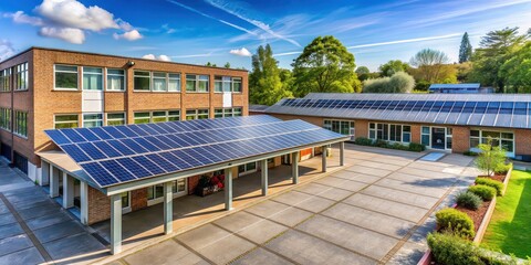 Wall Mural - Solar panels installed in a modern school courtyard providing clean energy with copy space