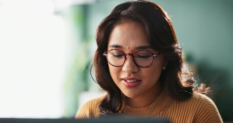 Poster - Home office, thinking and business woman with laptop for typing, reading information and idea. Freelancer, asian journalist or content writer with computer for news article, blog and pride with smile