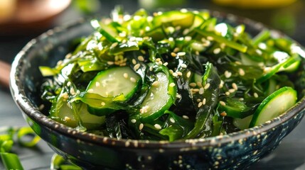 Poster - A refreshing and tangy seaweed and cucumber salad filled with an assortment of seaweeds picked fresh from the ocean and crunchy cucumbers.