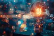 © ylivdesign - Brightly lit light bulb glowing in front of a blurred cityscape at night