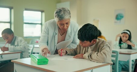 Poster - Exam, question and students in classroom for child, test or knowledge in elementary school. Education, childhood development or help with hand raised, teacher or learning for young people in academy