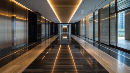 Canvas Print - Modern office building corridor with sleek design and lighting.