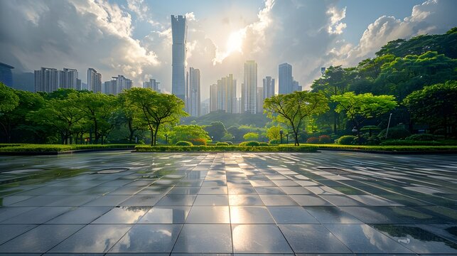 Beautiful city park with trees and skyline view in the background. creating an elegant urban environment for product display or advertising.