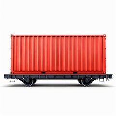 A vibrant red shipping container on a flatbed railcar, isolated on a white background, ideal for transportation and logistics concepts.