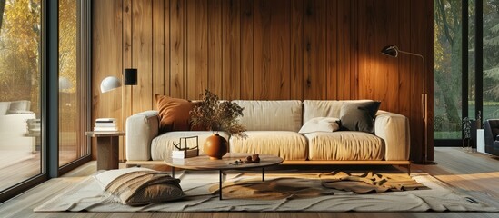 Wall Mural - Modern living room with contemporary interior design featuring a cozy couch, rug on the floor, table lamp, decorative items on a table, and wood panel backdrop