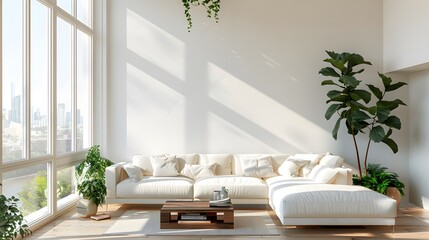 Wall Mural - Modern living room with a white sofa and plants, a large window on the left side of the wall. an empty space for mockups or product display.