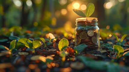 Wall Mural - Coins in a glass jar with a green plant growing on the ground