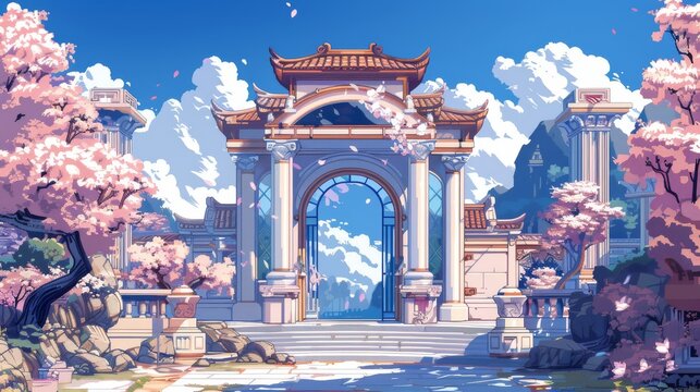 Pixel art game level background, 8 bit, landscape, arcade video game, pixel art ruins of ancient city, temple. Beauty.