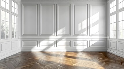 Poster - white wall with white moulding, white panelled walls, empty room, white walls, wood floor.