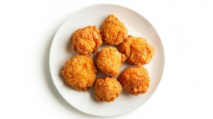 Wall Mural - Top view of golden fried chicken on a white plate, isolated against a clean white background, appealing and appetizing