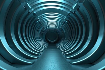 Wall Mural - Futuristic metallic blue tunnel interior with glowing end. Concept of technology, science fiction, future, and the unknown.