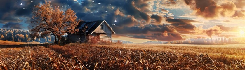 Wall Mural - Solitary Cabin in a Golden Field at Sunset