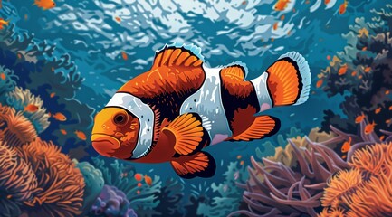 Wall Mural - Colorful Clownfish Swimming in a Vibrant Coral Reef