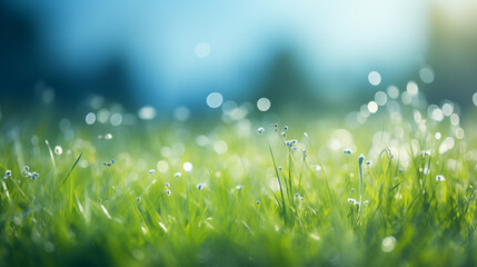 Wall Mural - a fresh spring sunny garden background of green grass and blurred foliage bokeh.