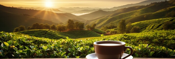 Wall Mural - Sunrise Over Tea Plantation with a Cup of Tea