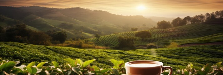 Wall Mural - A Cup of Tea in a Tranquil Tea Plantation