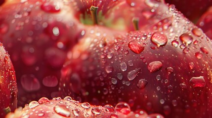 Close-up of red apples with water droplets.  Fresh, juicy, and delicious.  Perfect for a healthy snack or a refreshing drink.  Photo is suitable for various purposes.